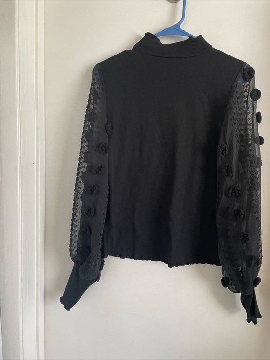 SHEIN Tops - SHEIN Black Sheer Puff Sleeve Mock Neck Top with Floral Appliques